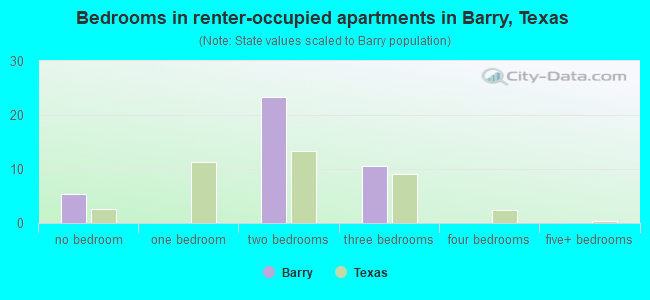 Bedrooms in renter-occupied apartments in Barry, Texas