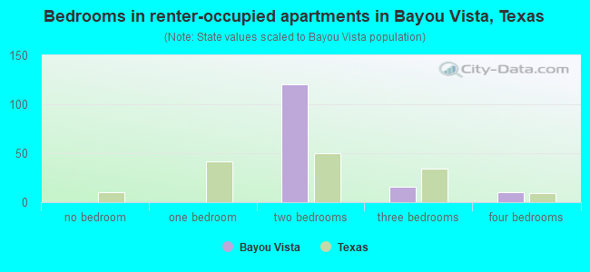 Bedrooms in renter-occupied apartments in Bayou Vista, Texas