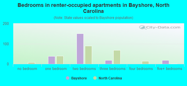 Bedrooms in renter-occupied apartments in Bayshore, North Carolina