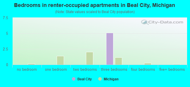 Bedrooms in renter-occupied apartments in Beal City, Michigan