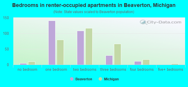 Bedrooms in renter-occupied apartments in Beaverton, Michigan