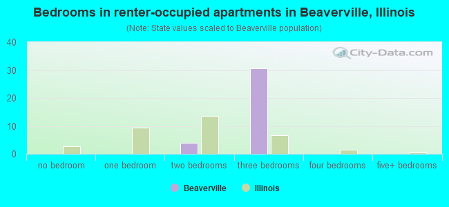 Bedrooms in renter-occupied apartments in Beaverville, Illinois