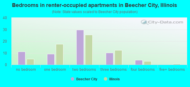 Bedrooms in renter-occupied apartments in Beecher City, Illinois