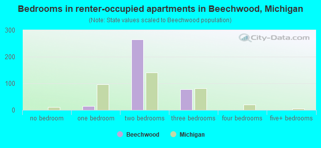 Bedrooms in renter-occupied apartments in Beechwood, Michigan