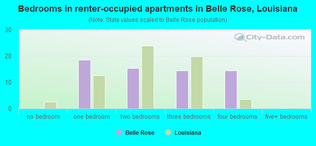 Bedrooms in renter-occupied apartments in Belle Rose, Louisiana