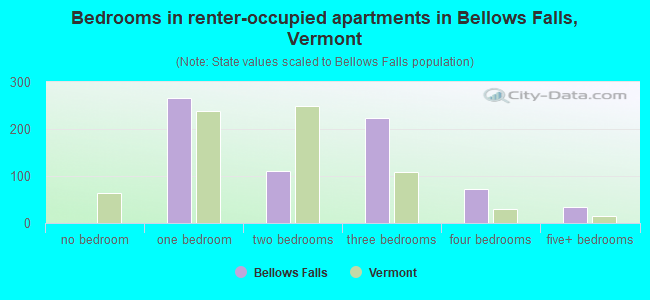 Bedrooms in renter-occupied apartments in Bellows Falls, Vermont
