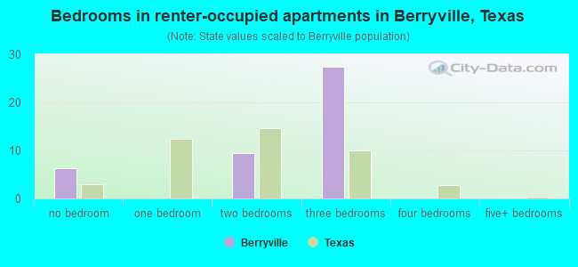 Bedrooms in renter-occupied apartments in Berryville, Texas