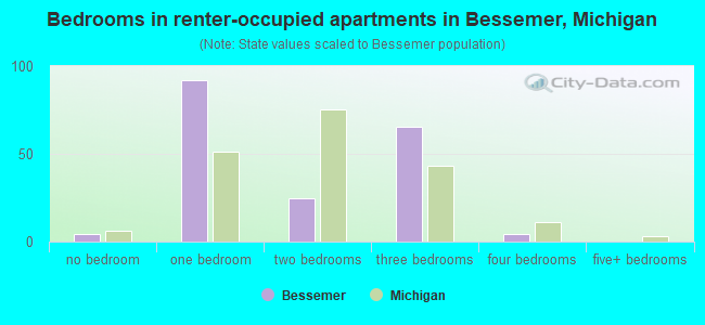 Bedrooms in renter-occupied apartments in Bessemer, Michigan