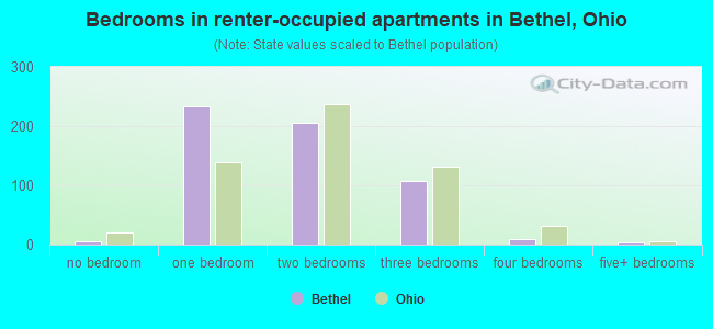 Bedrooms in renter-occupied apartments in Bethel, Ohio