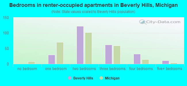 Bedrooms in renter-occupied apartments in Beverly Hills, Michigan