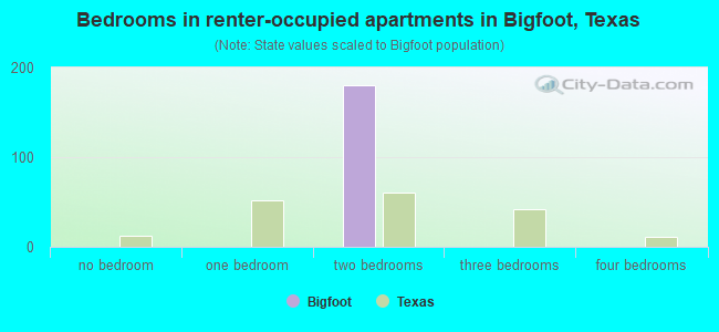 Bedrooms in renter-occupied apartments in Bigfoot, Texas