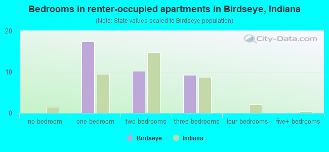 Bedrooms in renter-occupied apartments in Birdseye, Indiana