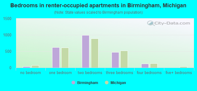 Bedrooms in renter-occupied apartments in Birmingham, Michigan