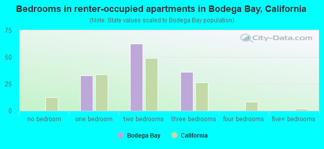 Bedrooms in renter-occupied apartments in Bodega Bay, California