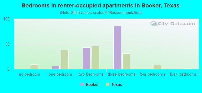 Bedrooms in renter-occupied apartments in Booker, Texas