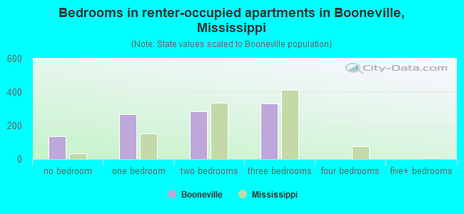Bedrooms in renter-occupied apartments in Booneville, Mississippi
