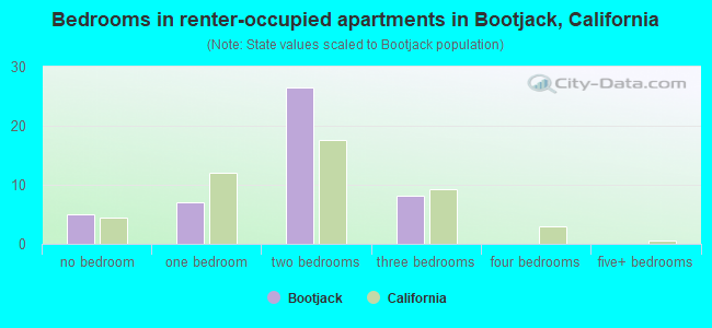 Bedrooms in renter-occupied apartments in Bootjack, California