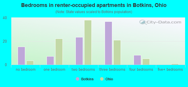 Bedrooms in renter-occupied apartments in Botkins, Ohio