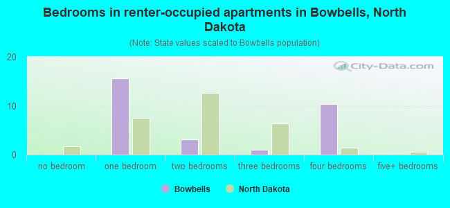 Bedrooms in renter-occupied apartments in Bowbells, North Dakota