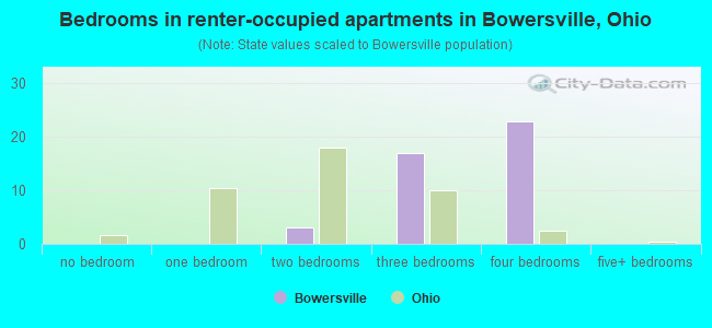 Bedrooms in renter-occupied apartments in Bowersville, Ohio