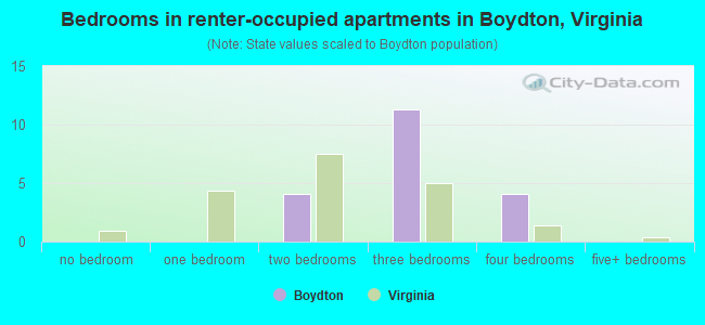 Bedrooms in renter-occupied apartments in Boydton, Virginia