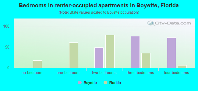 Bedrooms in renter-occupied apartments in Boyette, Florida