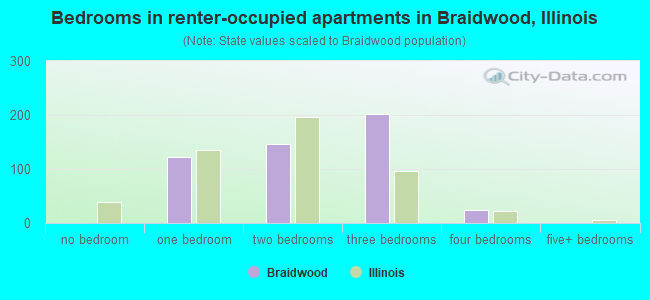 Bedrooms in renter-occupied apartments in Braidwood, Illinois