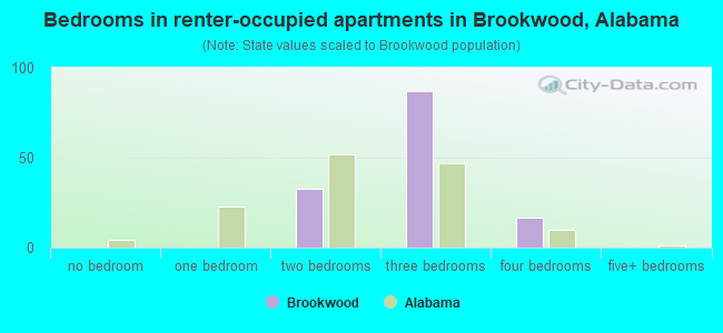 Bedrooms in renter-occupied apartments in Brookwood, Alabama