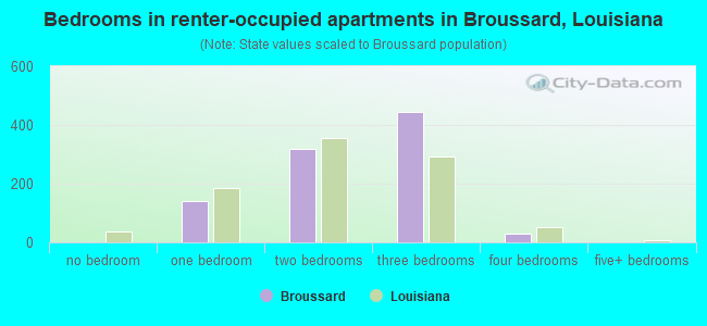 Bedrooms in renter-occupied apartments in Broussard, Louisiana