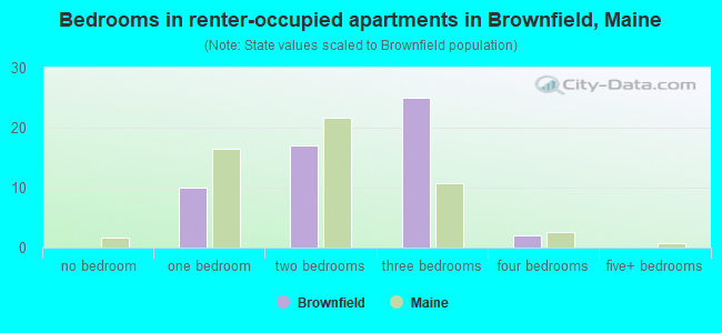 Bedrooms in renter-occupied apartments in Brownfield, Maine