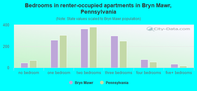 Bedrooms in renter-occupied apartments in Bryn Mawr, Pennsylvania