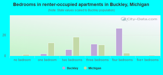 Bedrooms in renter-occupied apartments in Buckley, Michigan