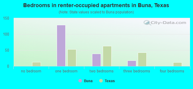 Bedrooms in renter-occupied apartments in Buna, Texas