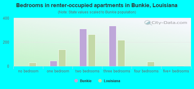 Bedrooms in renter-occupied apartments in Bunkie, Louisiana
