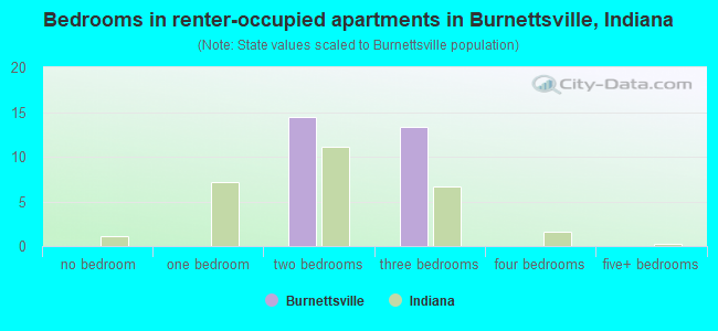 Bedrooms in renter-occupied apartments in Burnettsville, Indiana