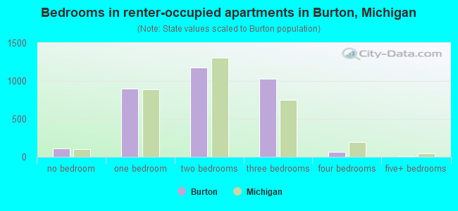 Bedrooms in renter-occupied apartments in Burton, Michigan