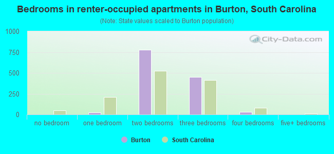 Bedrooms in renter-occupied apartments in Burton, South Carolina