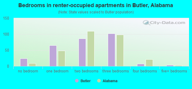 Bedrooms in renter-occupied apartments in Butler, Alabama