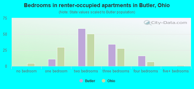 Bedrooms in renter-occupied apartments in Butler, Ohio