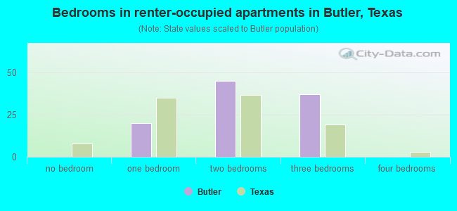 Bedrooms in renter-occupied apartments in Butler, Texas