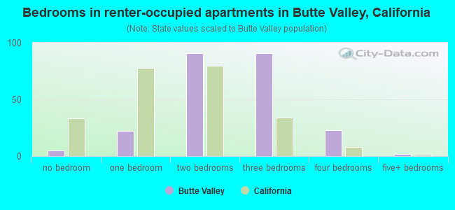 Bedrooms in renter-occupied apartments in Butte Valley, California