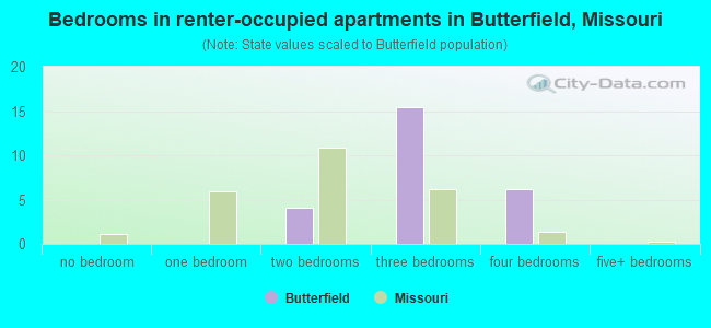 Bedrooms in renter-occupied apartments in Butterfield, Missouri