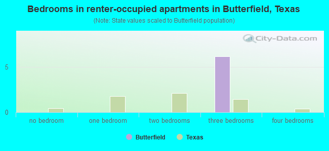 Bedrooms in renter-occupied apartments in Butterfield, Texas