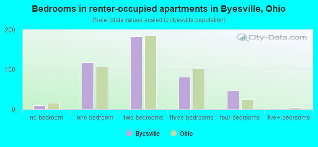 Bedrooms in renter-occupied apartments in Byesville, Ohio