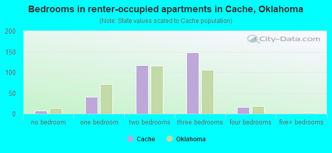 Bedrooms in renter-occupied apartments in Cache, Oklahoma