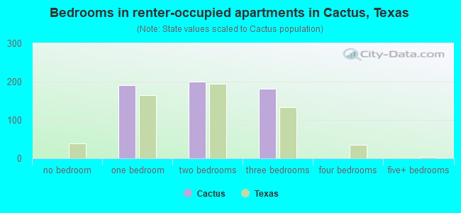 Bedrooms in renter-occupied apartments in Cactus, Texas
