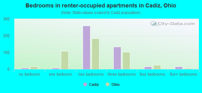 Bedrooms in renter-occupied apartments in Cadiz, Ohio