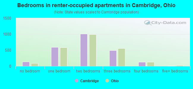 Bedrooms in renter-occupied apartments in Cambridge, Ohio