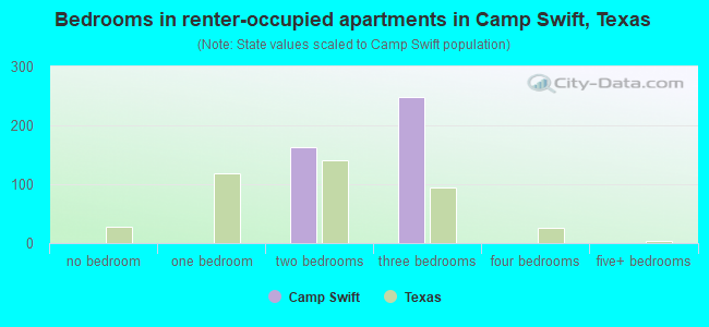 Bedrooms in renter-occupied apartments in Camp Swift, Texas