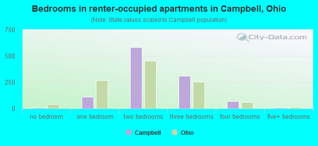 Bedrooms in renter-occupied apartments in Campbell, Ohio